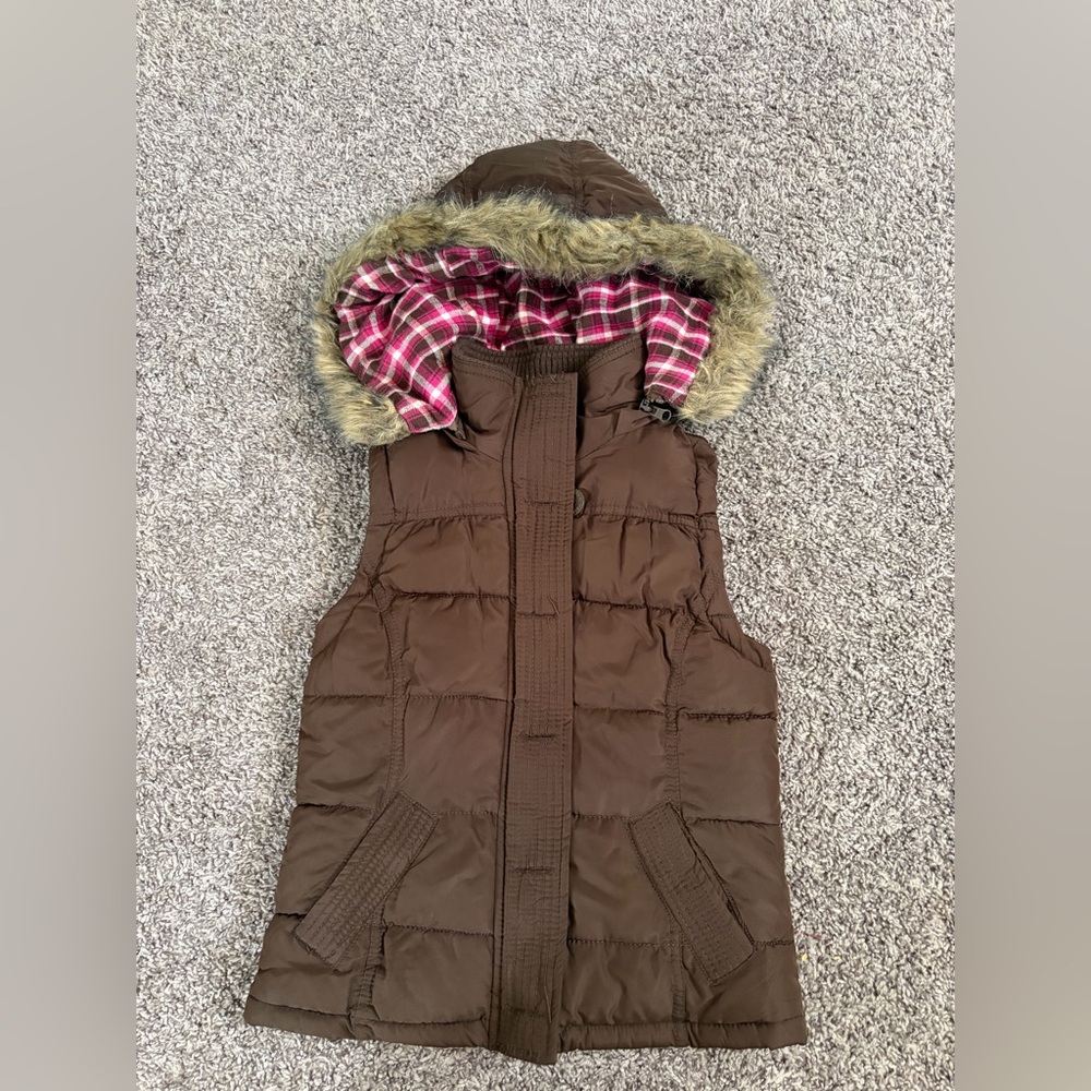 Aeropostale Pink and Brown Plaid Lined Vest